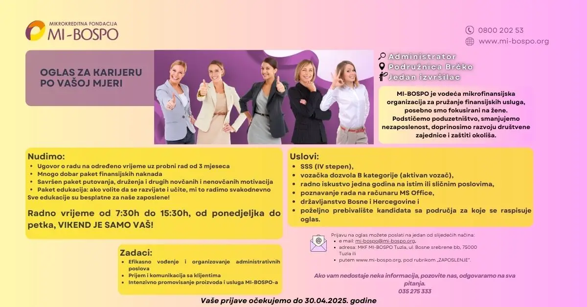 oglas za posao administratora